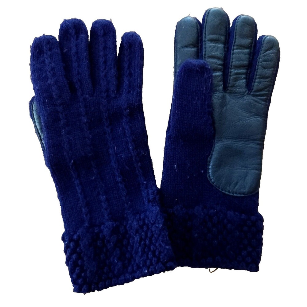 Womens Navy Blue Knit Leather Palm Gloves Warm Winter Ribbed Popcorn Cuff